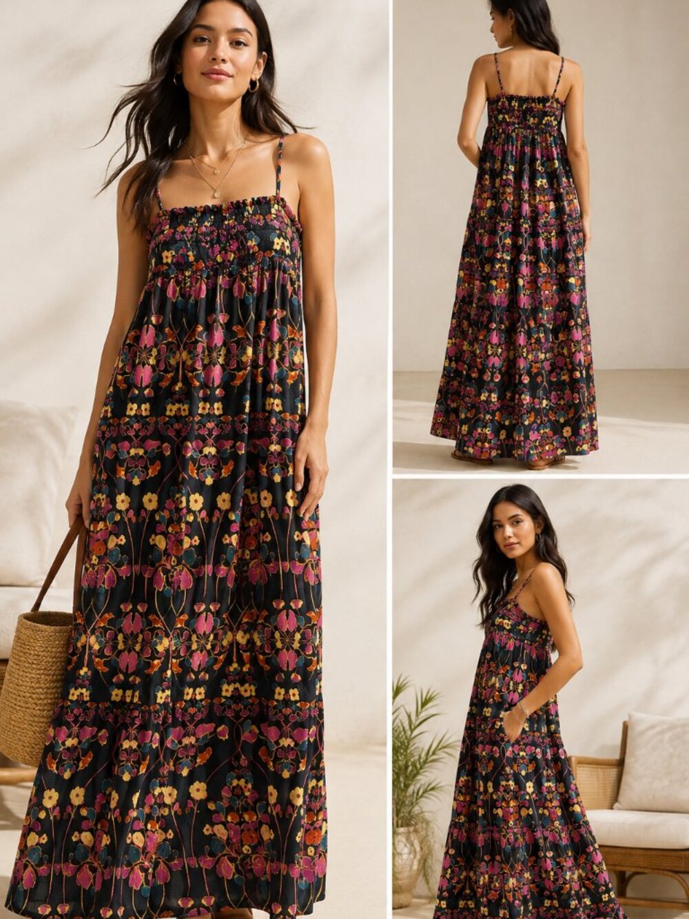 Anthropologie Quilted Floral Maxi Dress M Black Boho Cottagecore